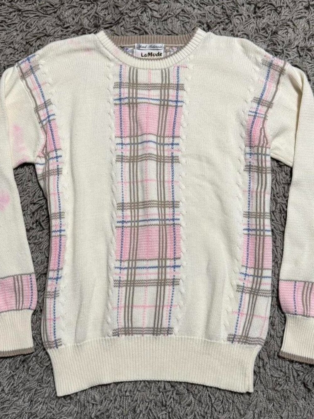 Retro 90s Pink Brown and Beige Plaid Knit Sweater Size M